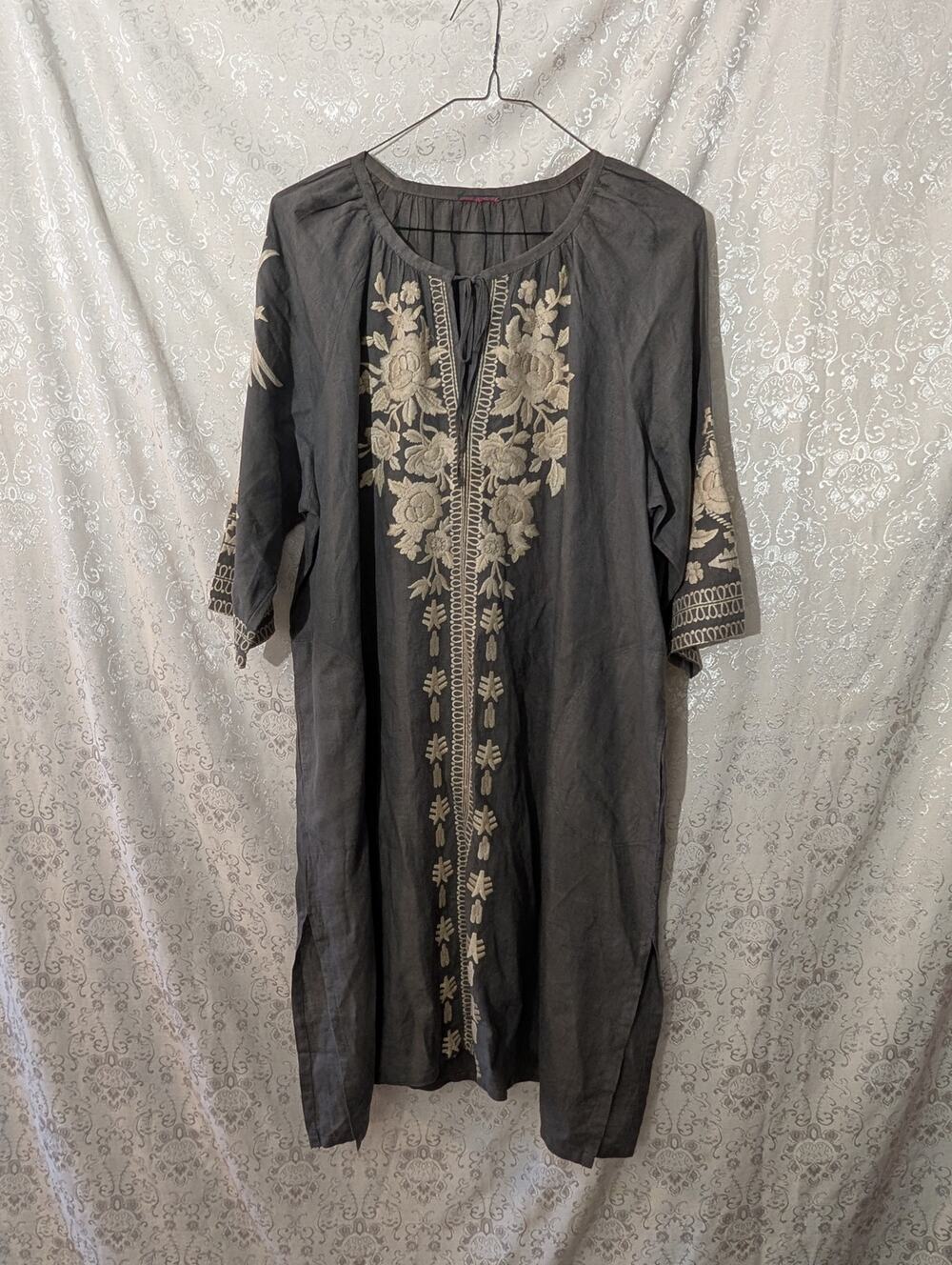 Johnny Was Carmelita Embroidered Linen Peasant Dress Gray Boho Maxi